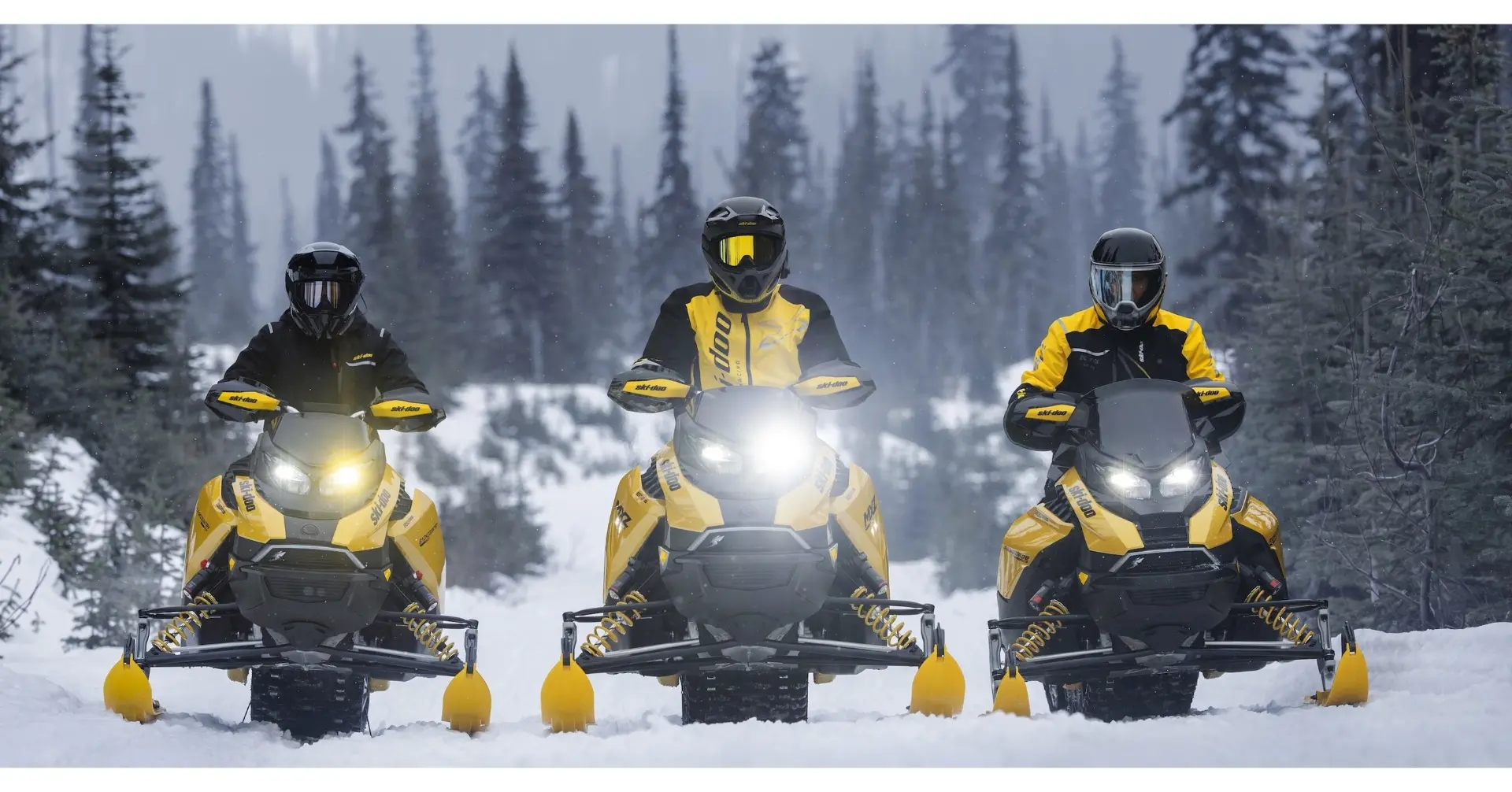 Ski-Doo snowmobiles in a snowy forest