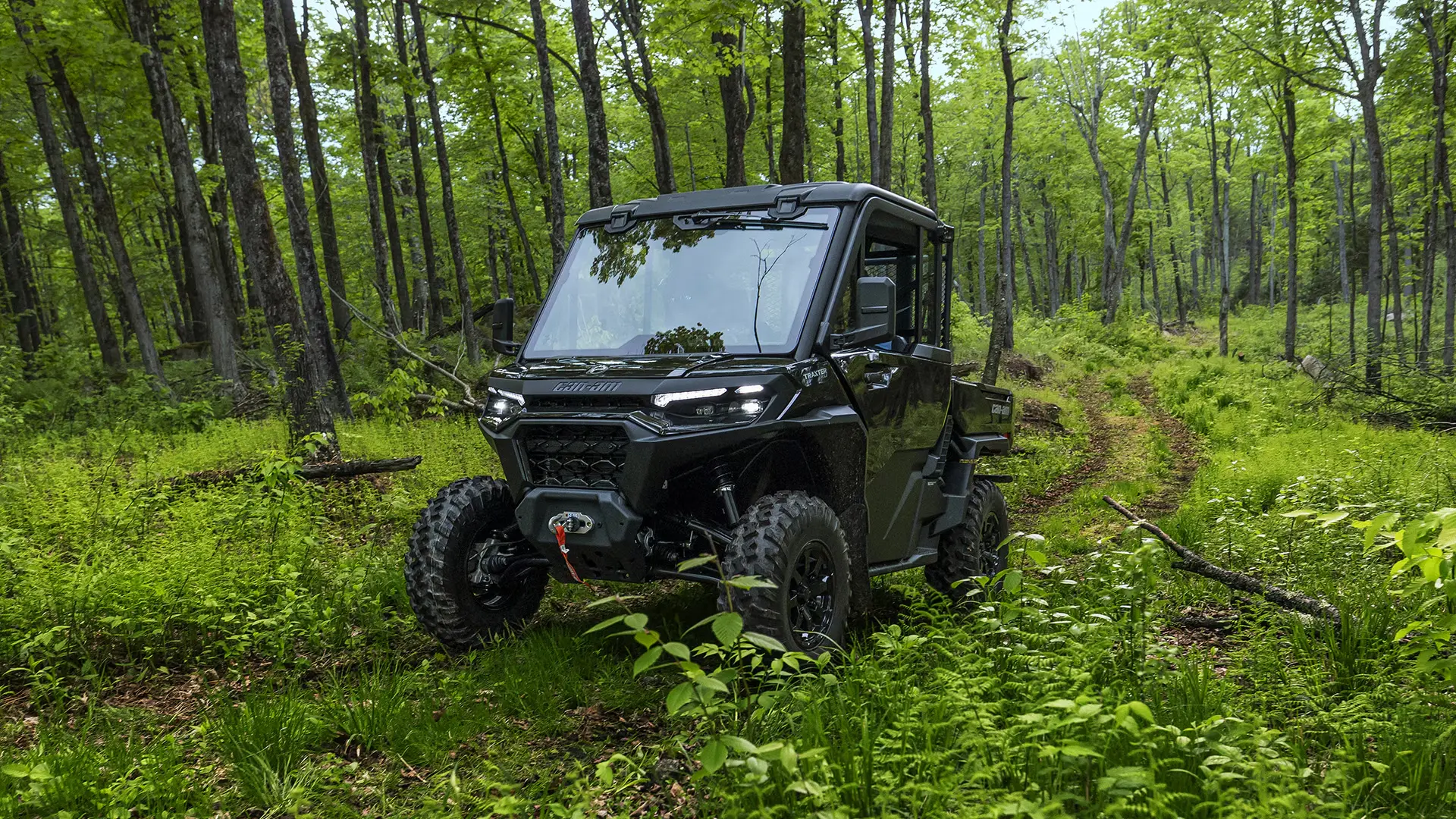 Can-Am side-by-side in a forest trail